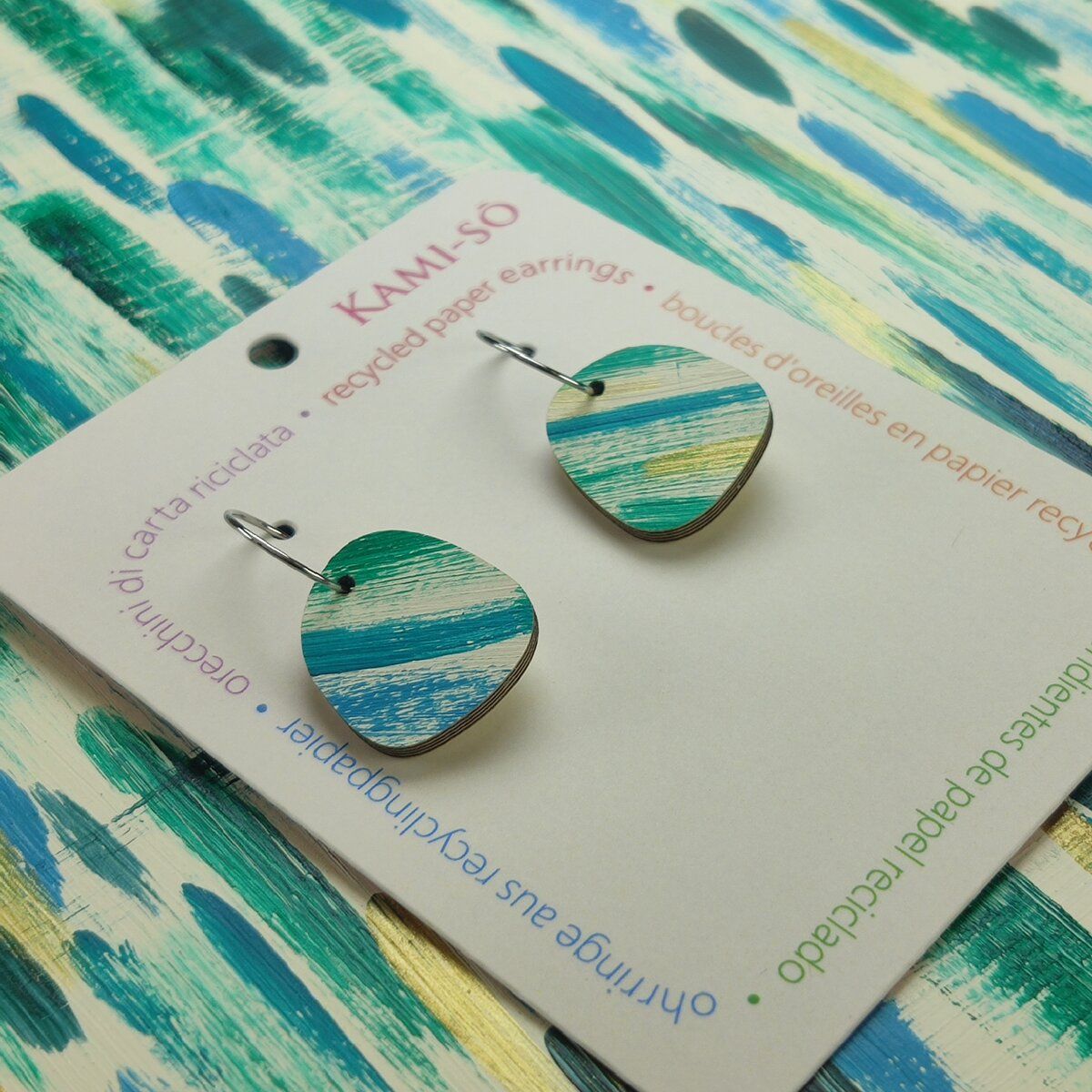 Square Recycled Paper Earrings - Green, Teal & Gold
