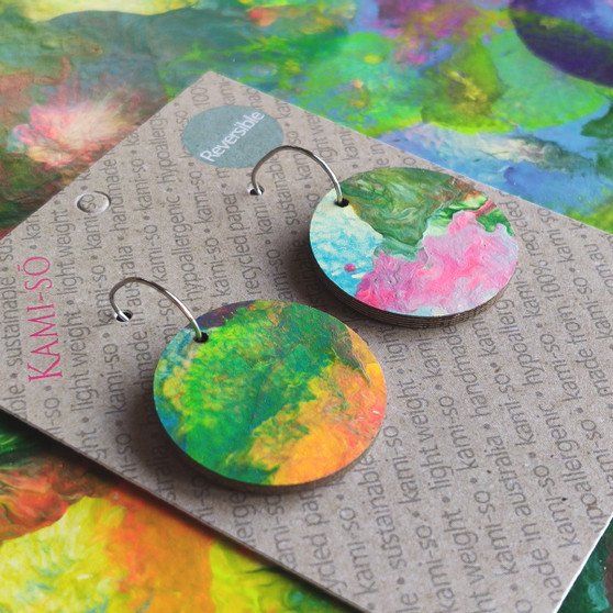 Reversible Circle Recycled Paper Earrings - Multicolour / Dark Purple