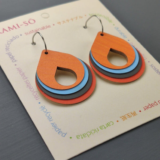 Circle Layered Recycled Paper Earrings - Orange, Blue & Grey