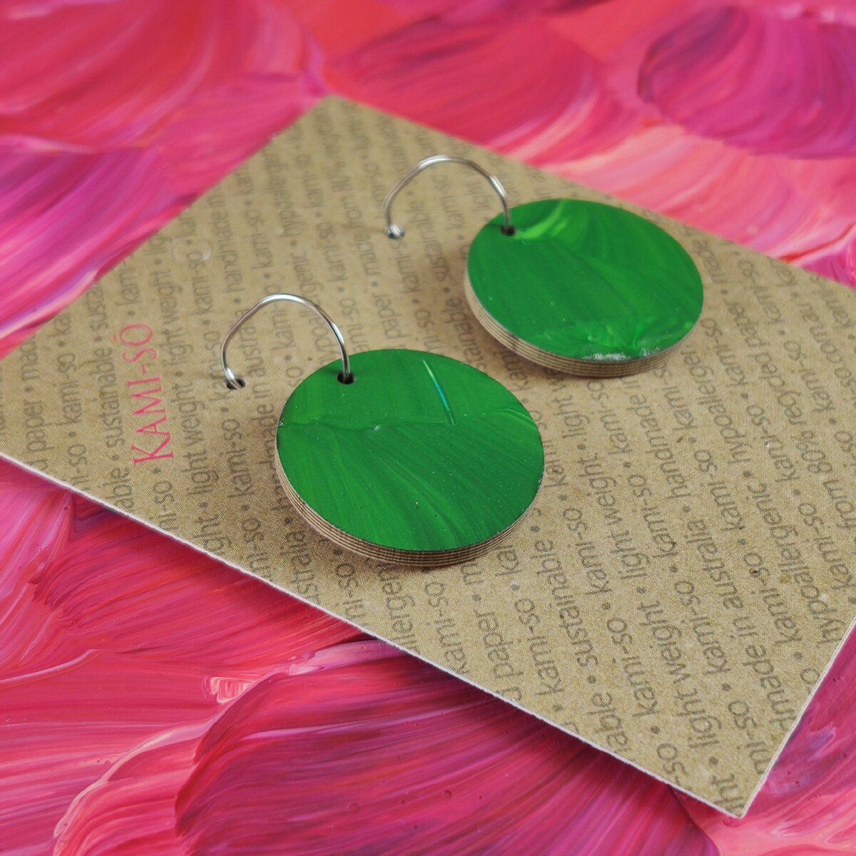 Reversible Circle Recycled Paper Earrings - Magenta Brushstrokes / Green Brushstrokes