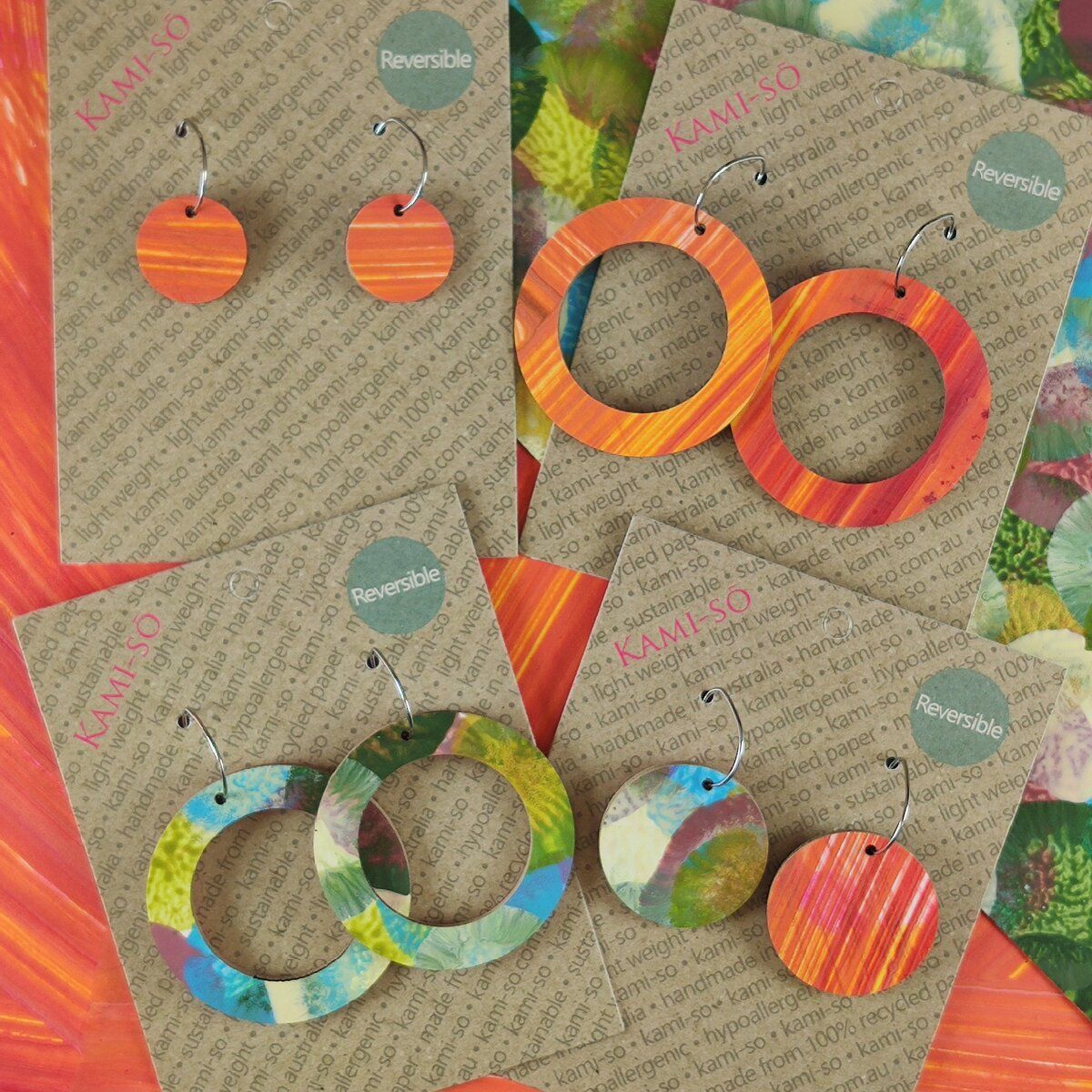 Reversible Circle Recycled Paper Earrings - Orange Swipe / Blue, Green, Plum & Gold