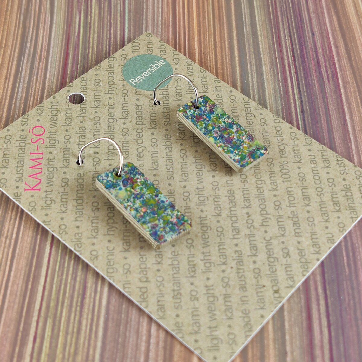 Reversible Rectangle Recycled Paper Earrings - Violet Multicolour Stripe / Blue Green Speckle