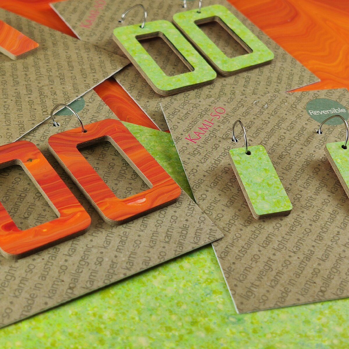 Reversible Rectangle Recycled Paper Earrings - Orange / Bright Green Speckle