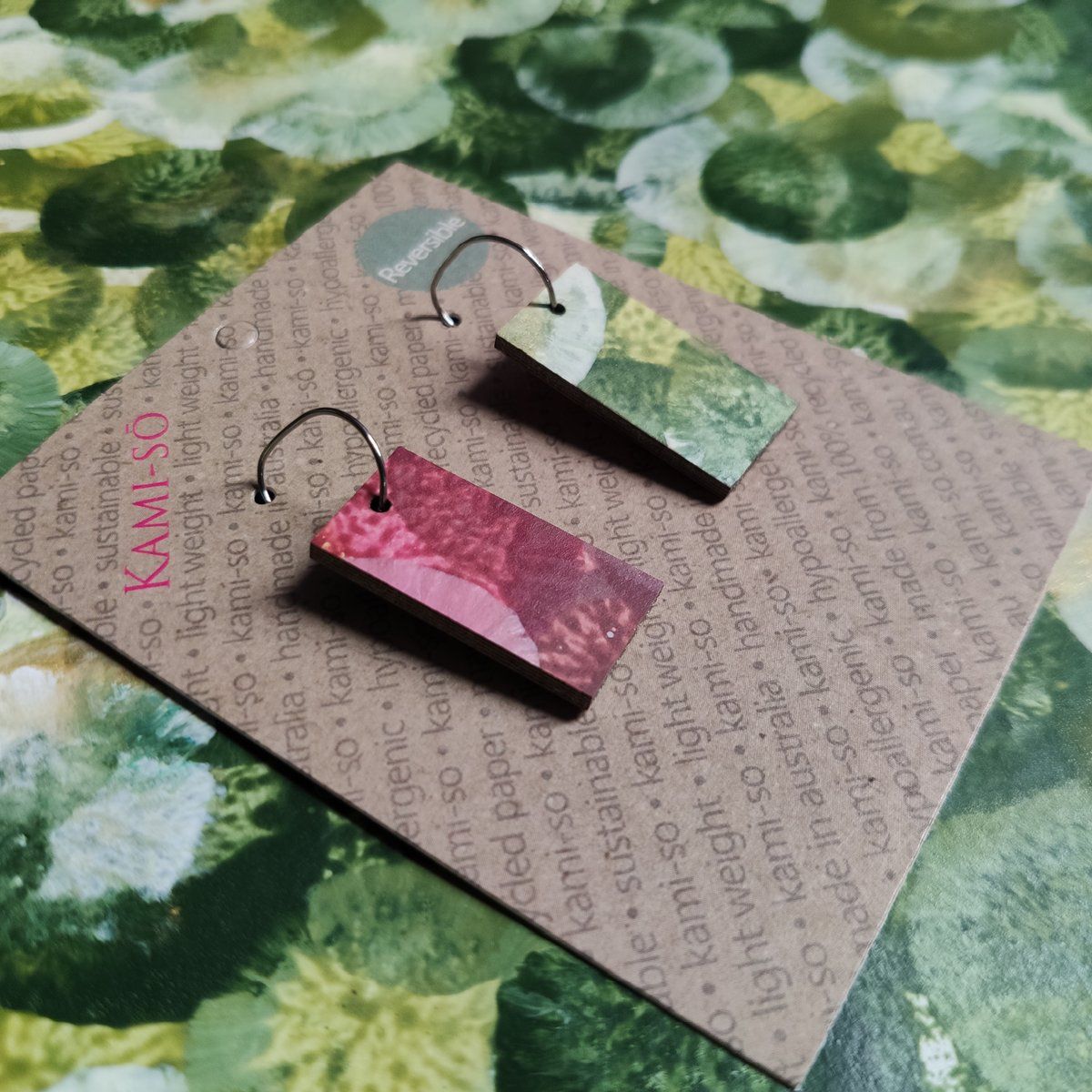 Reversible Rectangle Recycled Paper Earrings - Khaki & Gold / Mauve & Gold