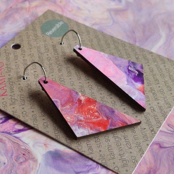 Reversible Triangle Recycled Paper Earrings - Purple & Pink / Orange