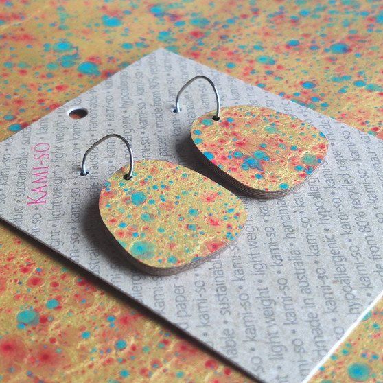 Square Recycled Paper Earrings - Gold, Blue & Red Speckle