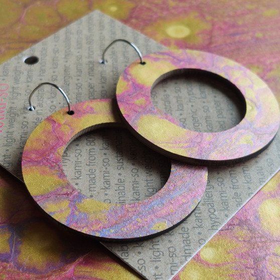 Reversible Circle Recycled Paper Earrings - Orange / Gold & Purple