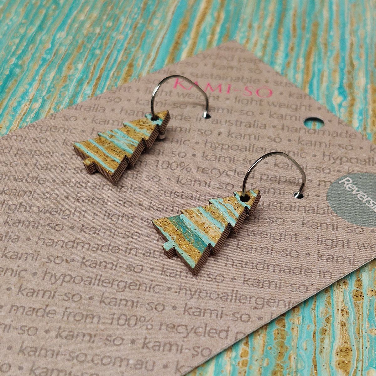 Reversible Christmas Tree Recycled Paper Earrings - Blue & Gold Stripes / Brown & Red Speckle