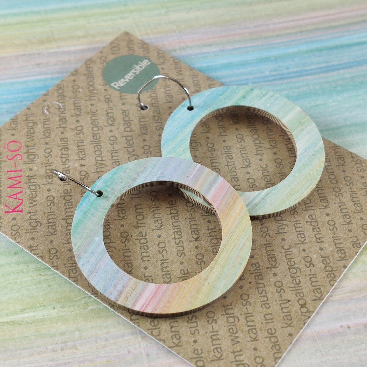 Reversible Circle Recycled Paper Earrings - Pastel Stripes / Autumn Colours