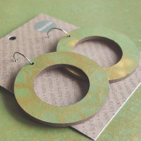 Reversible Circle Recycled Paper Earrings - Pink / Green & Gold