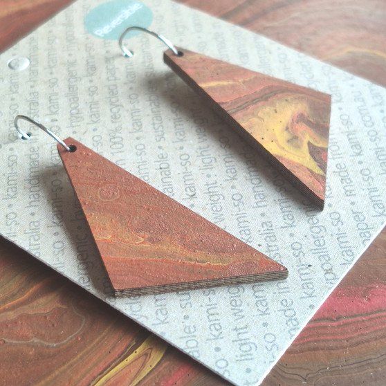 Reversible Triangle Recycled Paper Earrings - Brown / Mustard