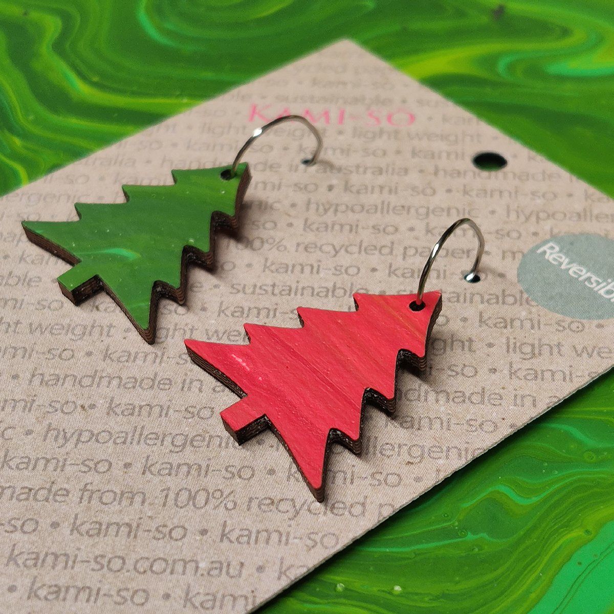 Reversible Christmas Tree Recycled Paper Earrings - Red Stripes / Green