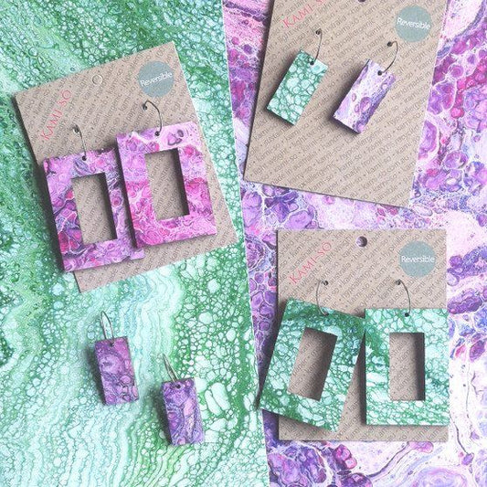 Reversible Rectangle Recycled Paper Earrings - Purple / Green