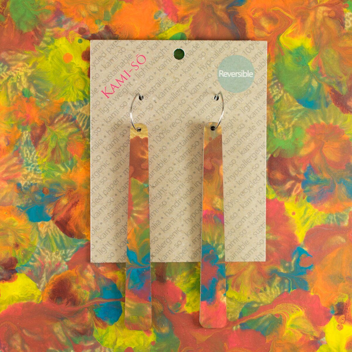 Reversible Paddle Recycled Paper Earrings - Orange / Dark Multicolour
