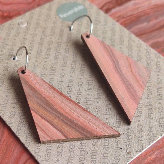 Reversible Triangle Recycled Paper Earrings - Light Brown / Brown & Green