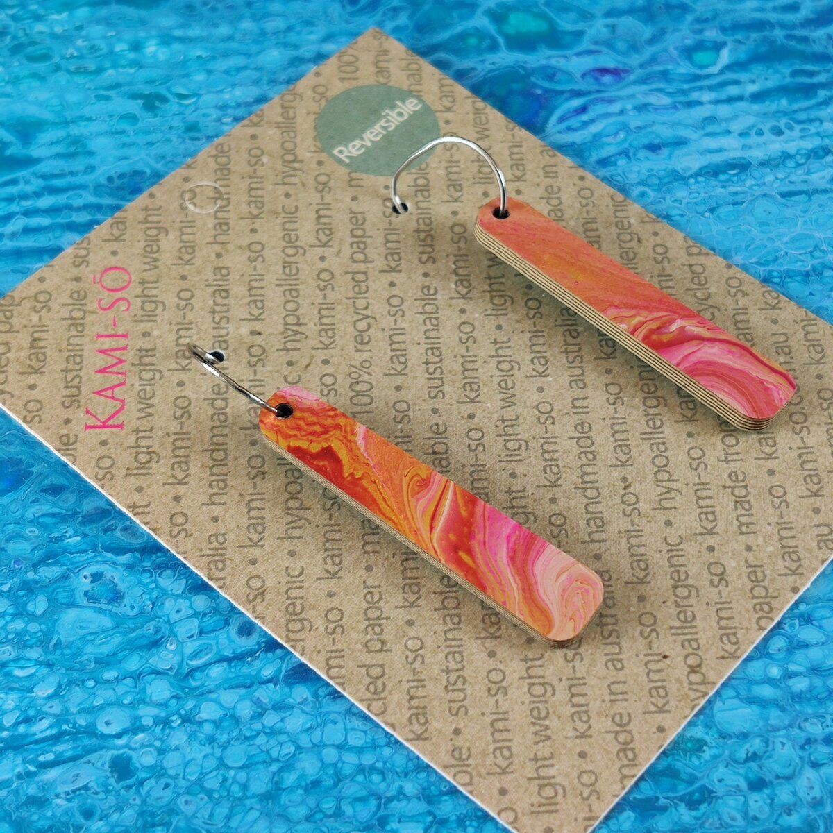 Reversible Paddle Recycled Paper Earrings - Red & Gold / Turquoise Speckle