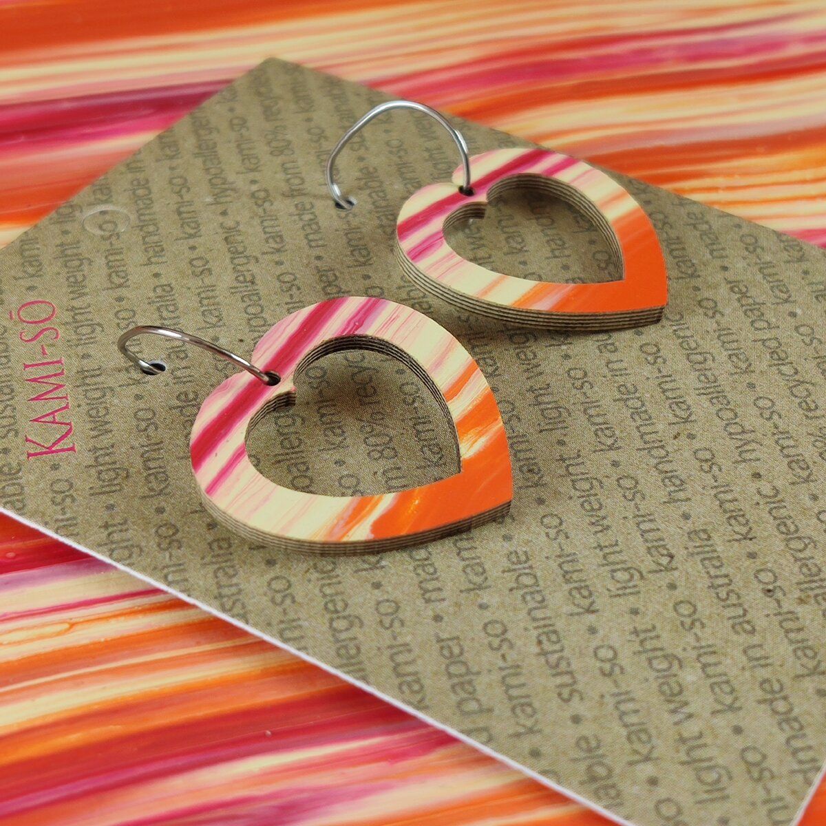 Mini Recycled Paper Earrings - Orange & Magenta Stripe