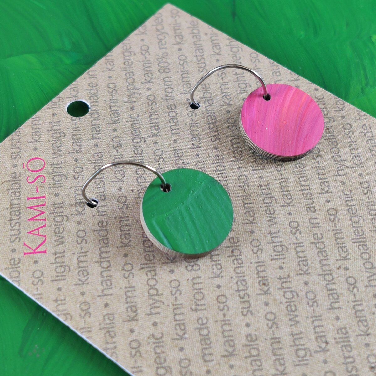 Reversible Circle Recycled Paper Earrings - Magenta Brushstrokes / Green Brushstrokes