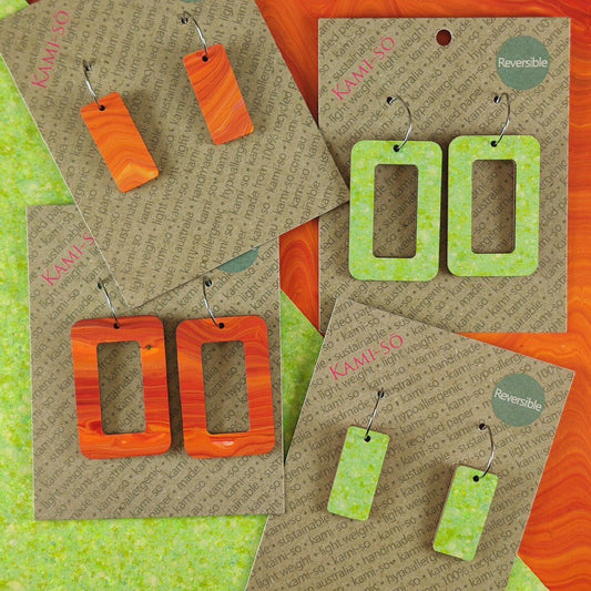 Reversible Rectangle Recycled Paper Earrings - Orange / Bright Green Speckle