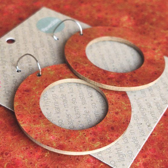 Reversible Circle Recycled Paper Earrings - Orange & Gold / Navy