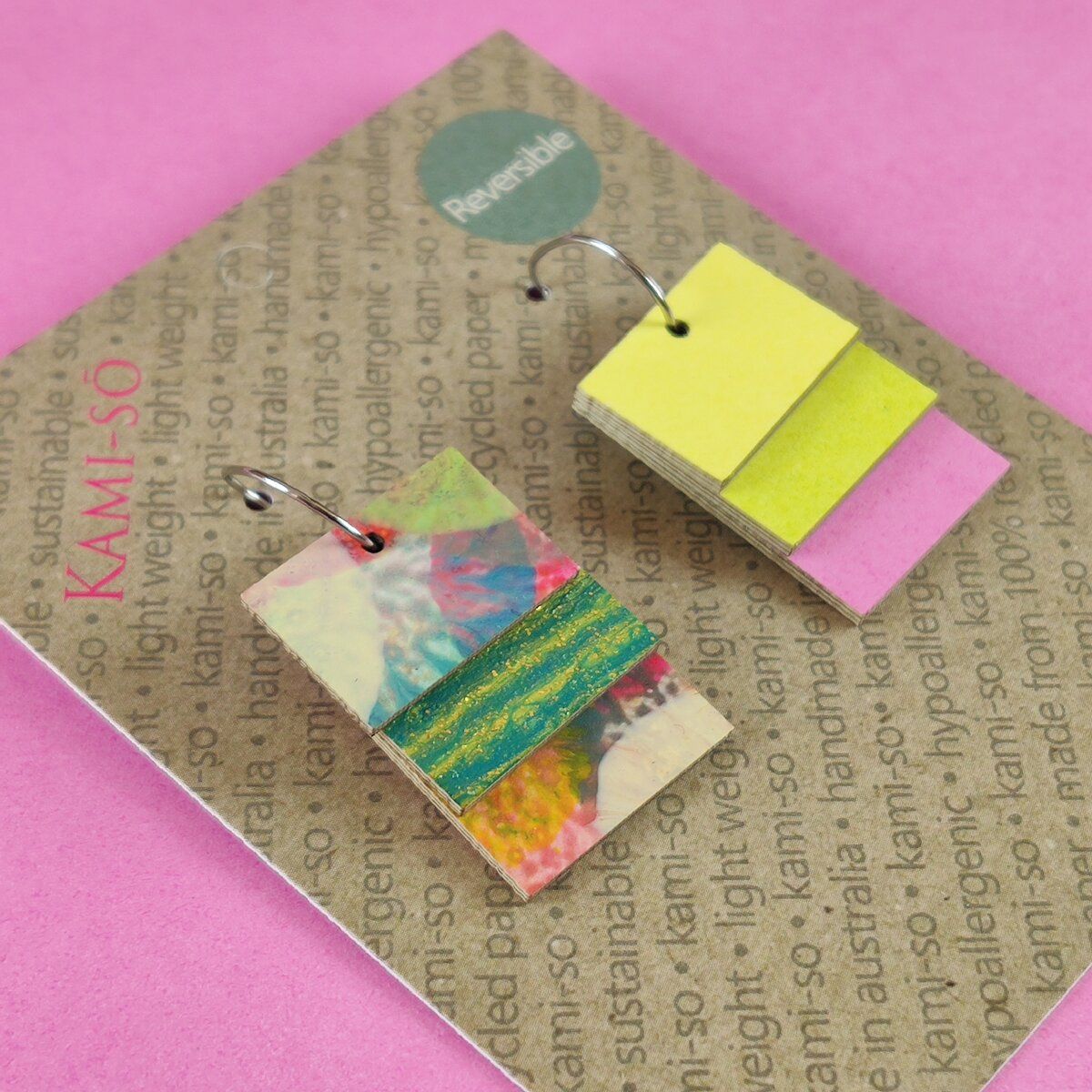 Reverse-A-Tile Fan Rectangle Recycled Paper Earrings - Multicolour Mix & Jade Gold / Yellow, Lime & Pink