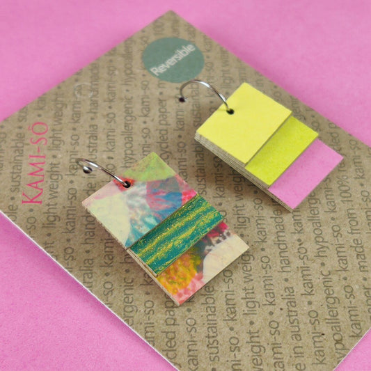 Reverse-A-Tile Fan Rectangle Recycled Paper Earrings - Multicolour Mix & Jade Gold / Yellow, Lime & Pink