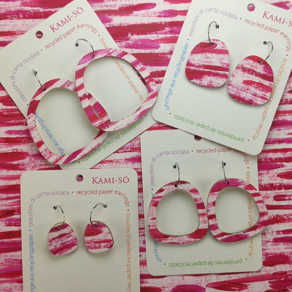 Square Recycled Paper Earrings - Red Stripes