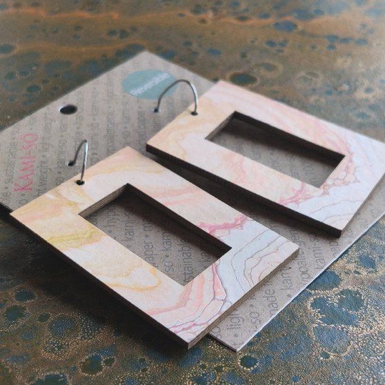 Reversible Rectangle Recycled Paper Earrings - Earthy / Black, Pink & Gold