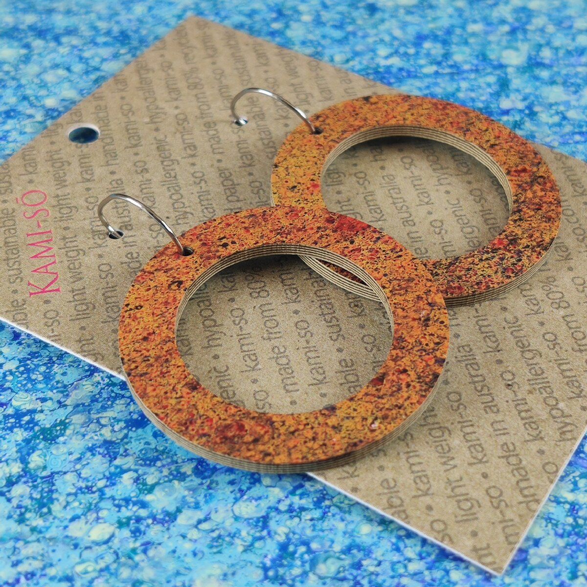 Reversible Circle Recycled Paper Earrings - Blue Speckle / Copper Crackle