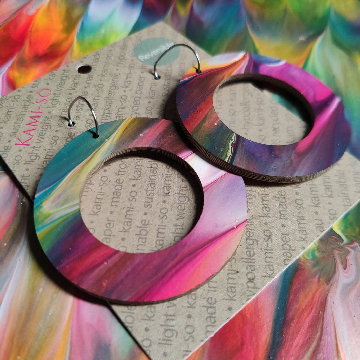 Reversible Circle Recycled Paper Earrings - Multicolour / Light Brown