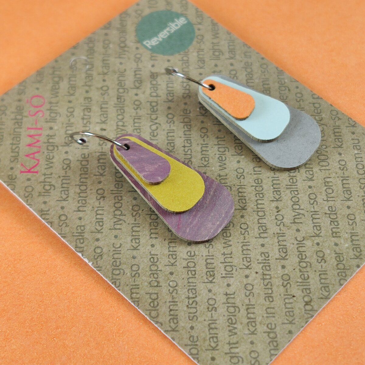 Reverse-A-Tile Expanding Triangle Recycled Paper Earrings - Dusty Purple & Gold / Orange, Pale Blue & Light Grey