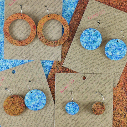 Reversible Circle Recycled Paper Earrings - Blue Speckle / Copper Crackle