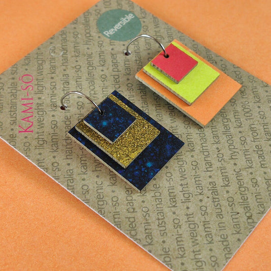 Reverse-A-Tile Expanding Rectangle Recycled Paper Earrings - Dark Blue & Glitter Gold / Red, Lime & Orange