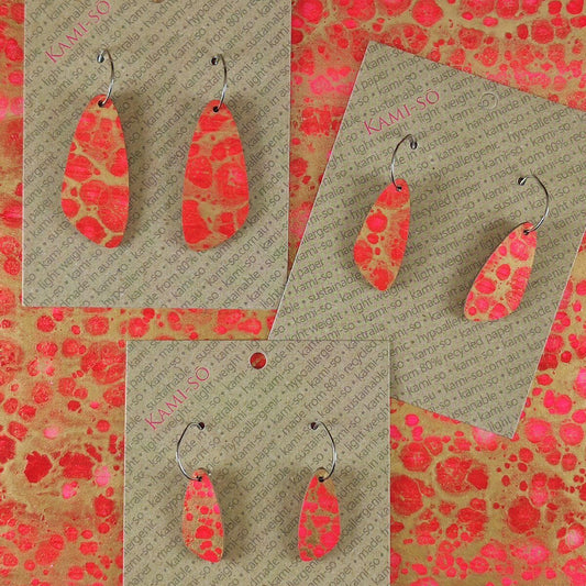 Oval Recycled Paper Earrings - Red & Gold Crackle