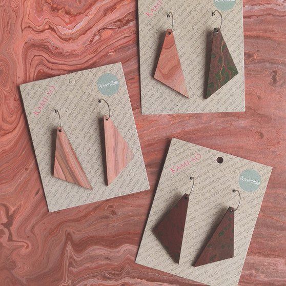 Reversible Triangle Recycled Paper Earrings - Light Brown / Brown & Green