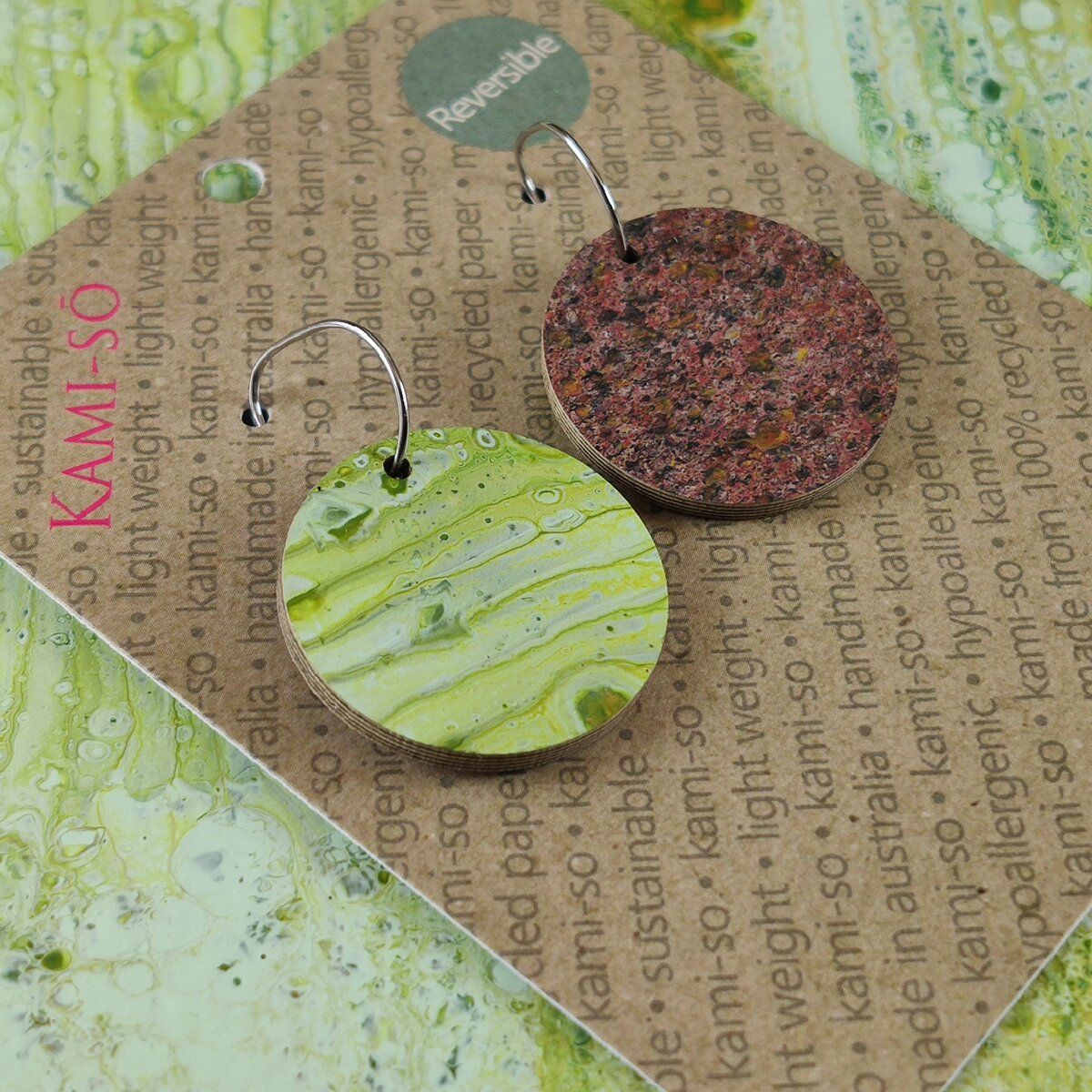 Reversible Circle Recycled Paper Earrings - Mint & Gold / Dark Brown Speckle