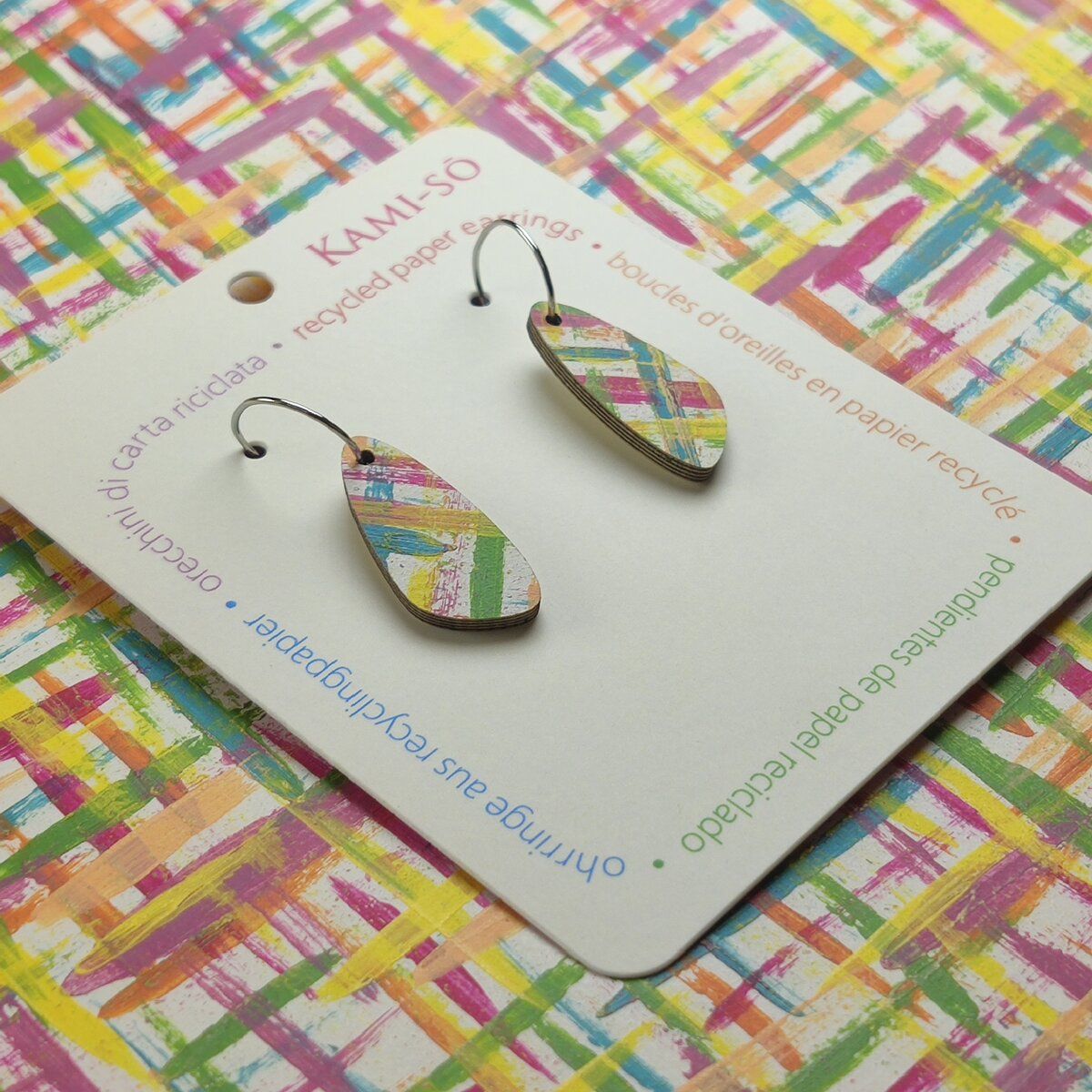 Oval Recycled Paper Earrings - Blue, Plum, Orange & Yellow