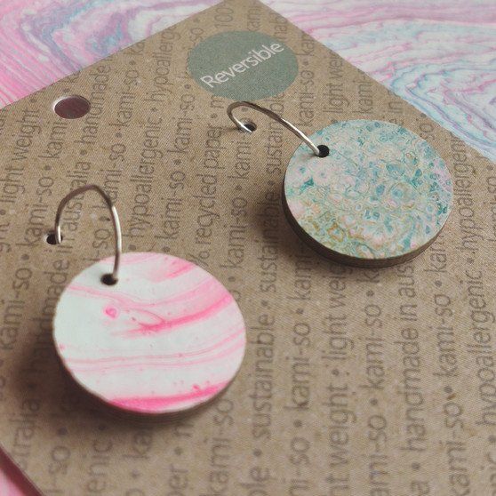 Reversible Circle Recycled Paper Earrings - Blue & Pink / Pink & White