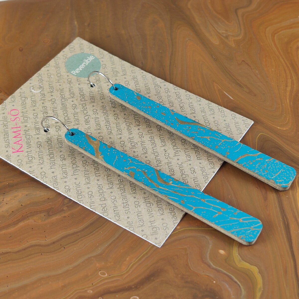 Reversible Paddle Recycled Paper Earrings - Turquoise & Gold / Brown