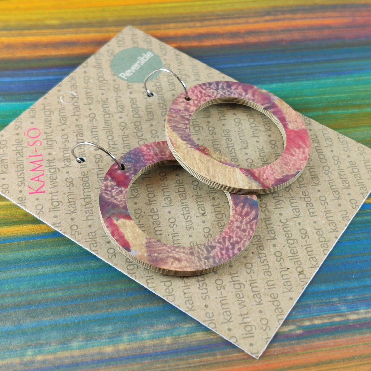 Reversible Circle Recycled Paper Earrings - Plum, Grey & Blue / Multicolour Stripes