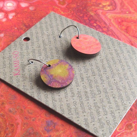 Reversible Circle Recycled Paper Earrings - Orange / Gold & Purple