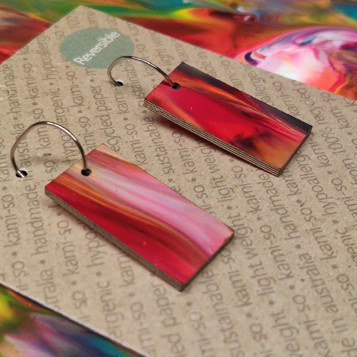 Reversible Rectangle Recycled Paper Earrings - Multicolour / Textured Orange