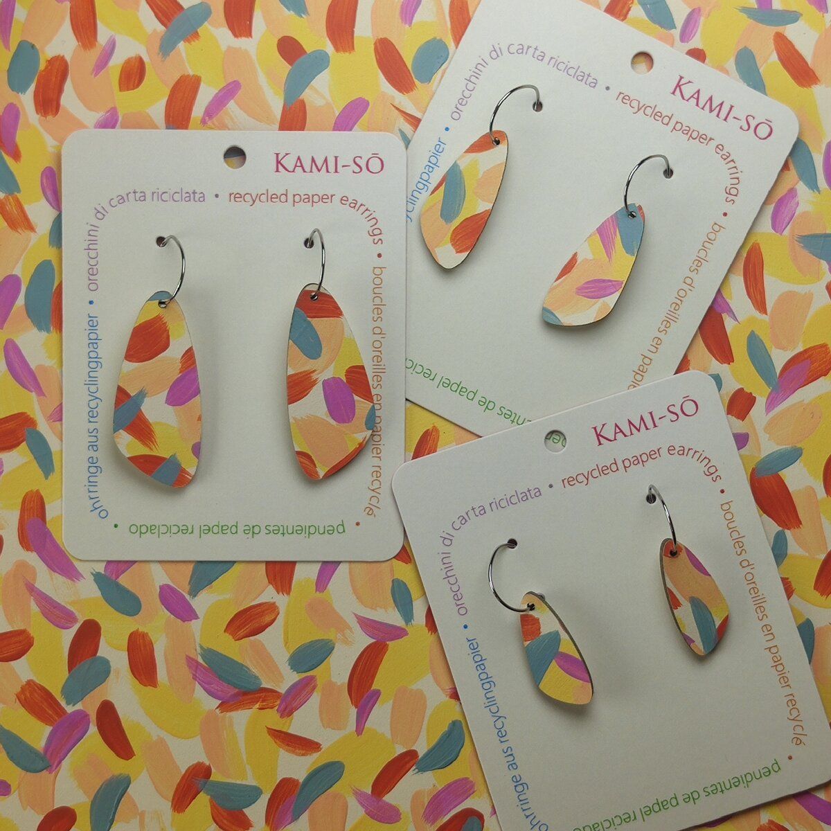 Oval Recycled Paper Earrings - Yellow, Pink, Blue & Red