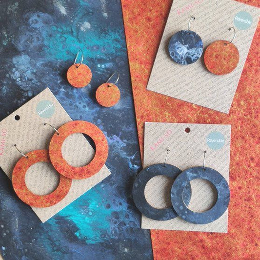 Reversible Circle Recycled Paper Earrings - Orange & Gold / Navy