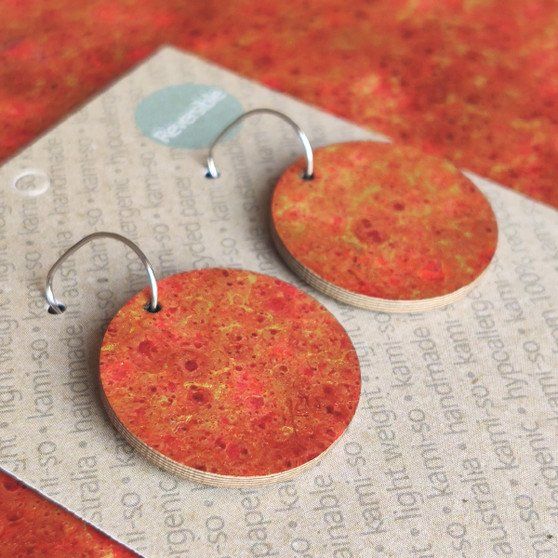 Reversible Circle Recycled Paper Earrings - Orange & Gold / Navy