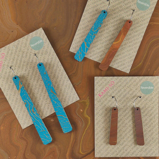 Reversible Paddle Recycled Paper Earrings - Turquoise & Gold / Brown