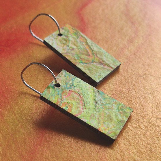 Reversible Rectangle Recycled Paper Earrings - Green Multicolour / Red Gold