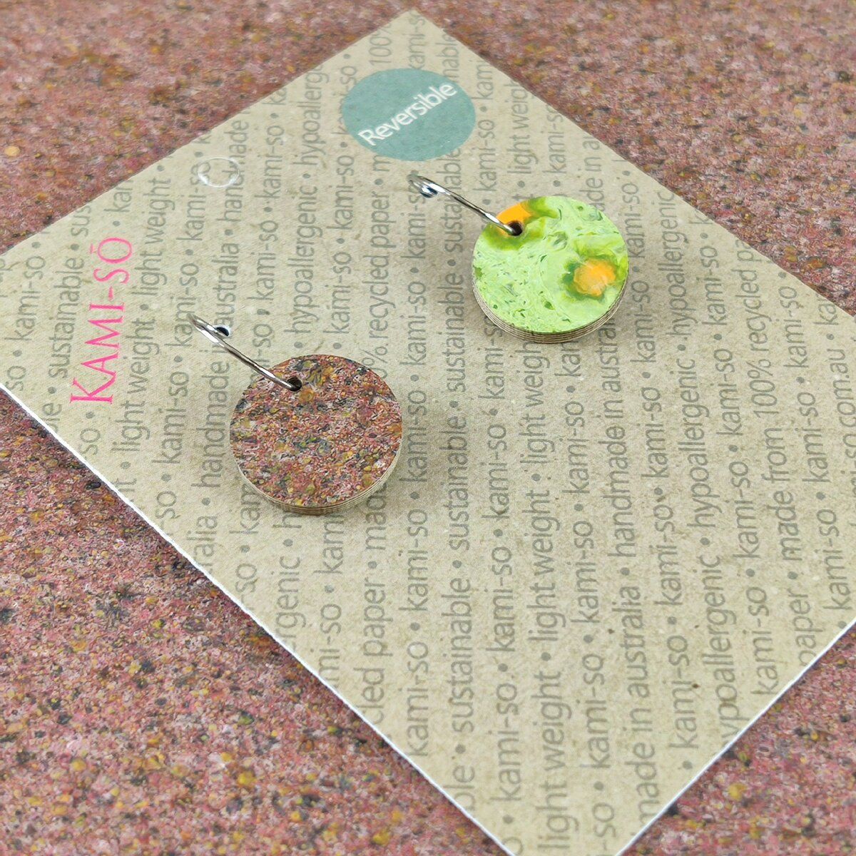 Reversible Circle Recycled Paper Earrings - Mint & Gold / Dark Brown Speckle