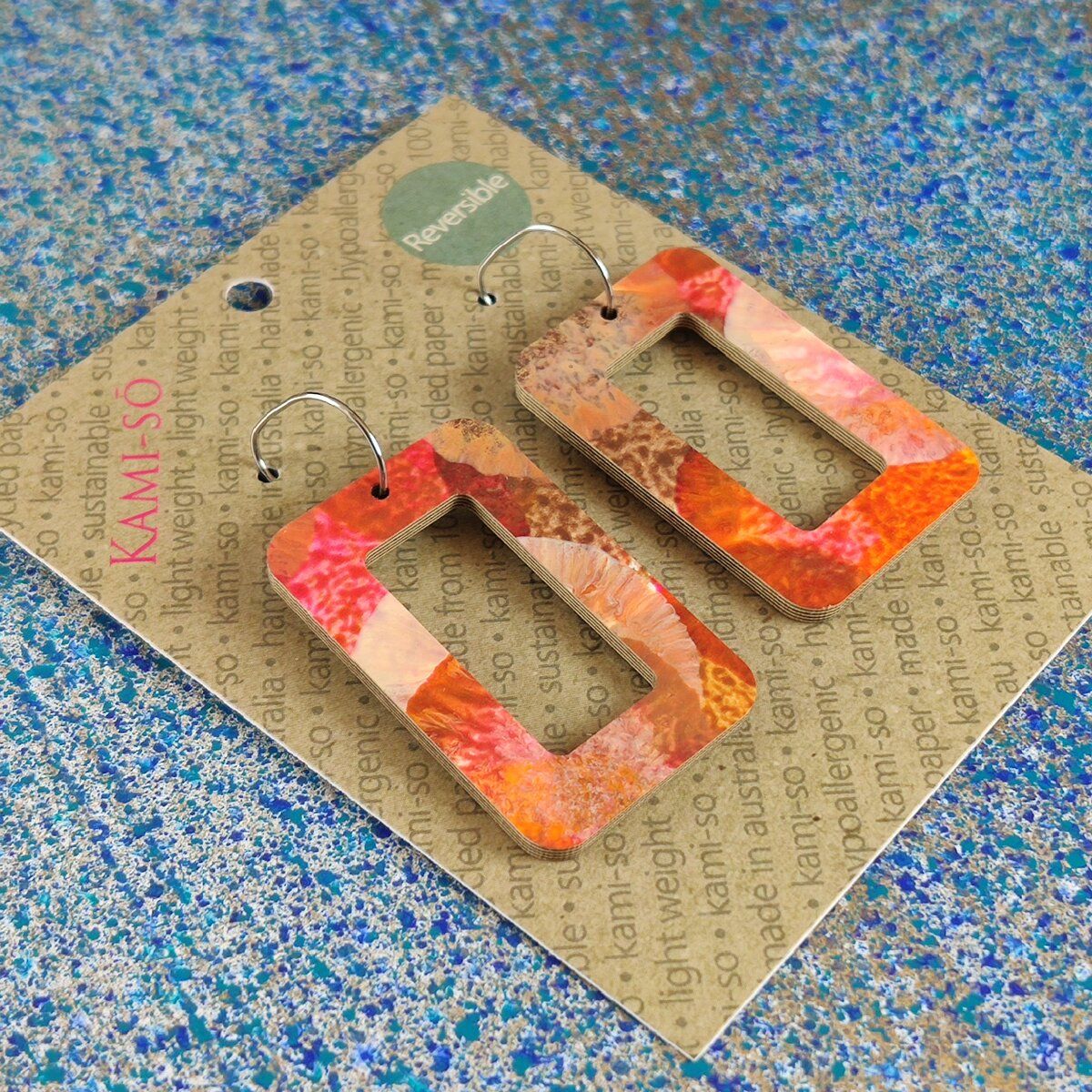 Reversible Rectangle Recycled Paper Earrings - Blue Silver Speckle / Pink & Earthy Multicolour