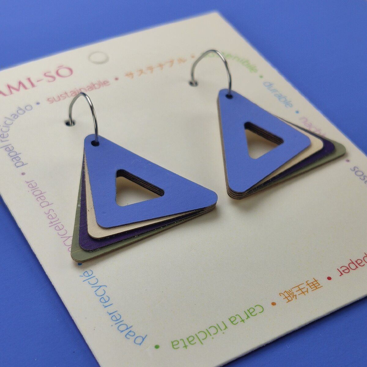 Triangle Hoop Layered Recycled Paper Earrings - Blue, White, Black & Grey